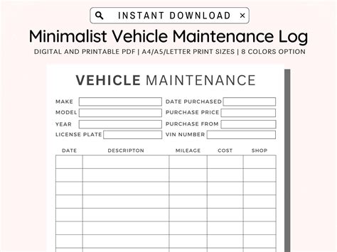 Vehicle Maintenance Log Printable, Vehicle Service Tracker, Vehicle Repairs Expense Tracker, Car ...