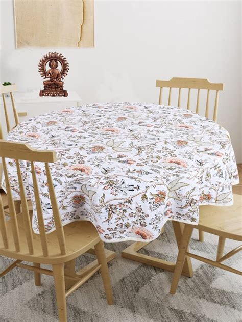 Buy Texstylers Orange Cotton Floral Round 4 to 6 Seater 56 Inches ...