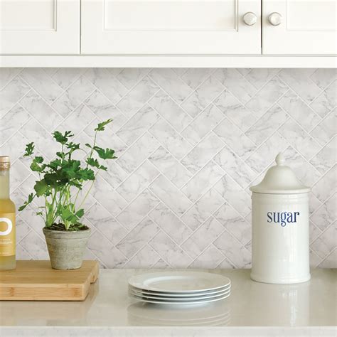 Wallpops Herringbone Carrara Marble Peel and Stick Backsplash Tile in ...