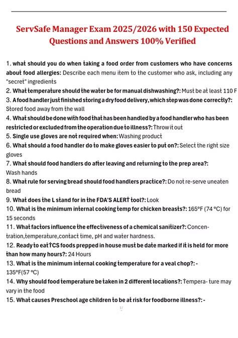 ServSafe Manager Exam 2025/2026 – 150 Expected Questions and 100% ...