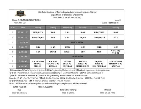 Electrical Engineering Timetable