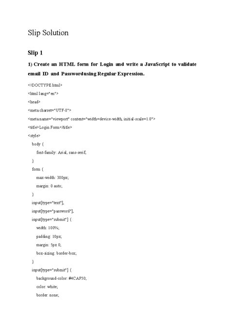Slip solution - Slip Solution Slip 1 1) Create an HTML form for Login ...