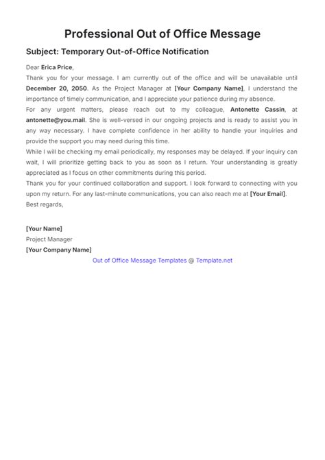 Free Out of Office Message Templates to Edit Online & Print