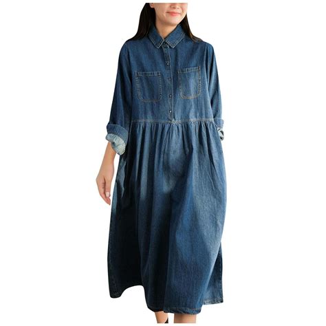 APEXFWDT Women Denim Shirt Dress Long Sleeves Casual Long Denim Dresses ...