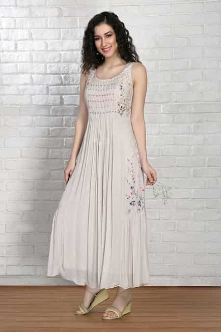 Buy Grey Silk Chiffon Hand Painted Flower Round Neck Pintuck Dress For ...