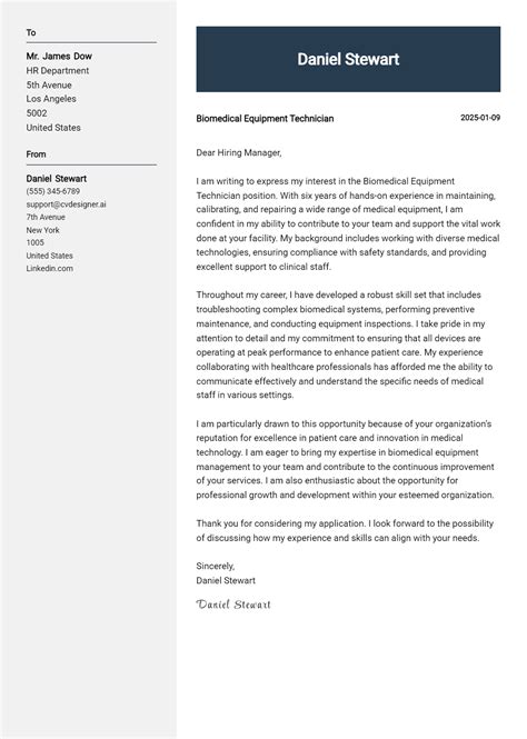 17 Biomedical Equipment Technician Cover Letter Examples And Templates for 2025 - ResumeDesign.ai