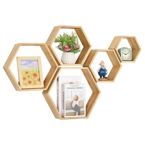 Hexagon Floating Shelves, Set of 5 Wall Mounted Wood Farmhouse Storage ...