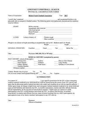 Gwinnett Football League Physical Exam Form - Blank Fillable Template ...