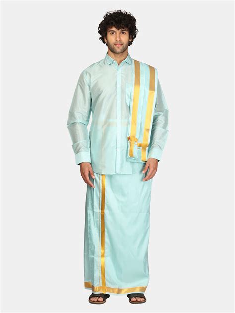 Men Solid Colour Zari Border Readymade Dhoti and Angavastram Set ...