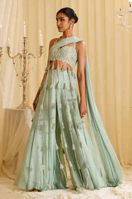 Buy Green Georgette, Organza Beads, Crystals, Embroidery, Crop-top ...