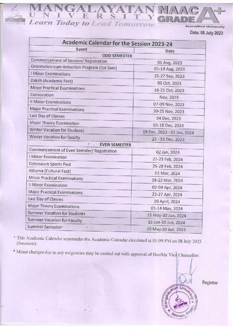 Academic Calendar 2023 24 - MANGALAYATAN NAAC UN I V E R S I T Y GRADE ...