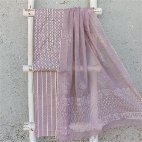 RANI - Pure Cotton Mauve Top Fabric With Pure Cotton Printed Stripes B ...