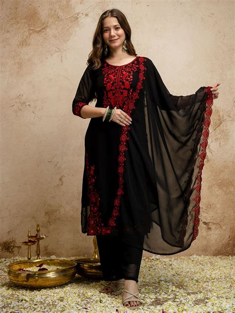 Black Embroidery Women Kurti Pant with Dupatta Set – mahezon