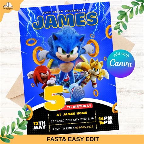 Sonic Editable Birthday Invitation | Hedgehog Party Invitation Template ...