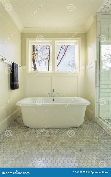 Master Bathroom Bathtub with Windows Stock Photo - Image of shower ...