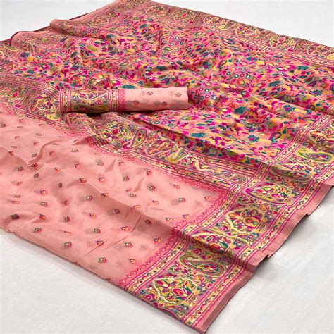 Peach Floral Woven Pashmina Saree