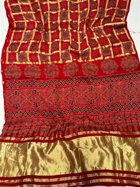 Red Ajrakh Gharchola Hand Block Pure Modal Silk Saree With Fancy Ajrak ...