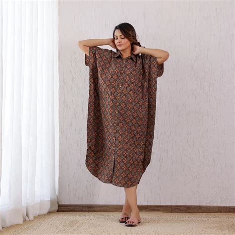 Green and Red Ajrakh Printed Cotton Shirt Kaftan – Vivika Fashion