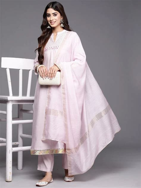 Buy Pink Yoke Design Silk Blend A-Line Kurta With Trousers & Dupatta ...