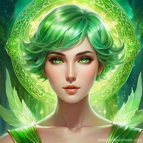 goddess of wisdom with green short hair and green shining pupils in her ...