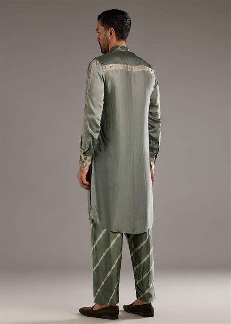 Buy Grey Silk Kurta Set For Men With Hand Dyed Leheriya Print | KALKI ...