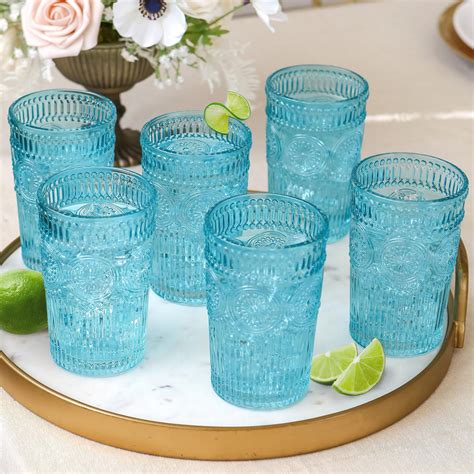 Amazon.com | Vintage Textured Aqua Blue Striped Drinking Glasses Set of ...