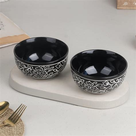 The Earth Store Black Artvine Handprinted Ceramic Snack Bowl Set of 2 ...