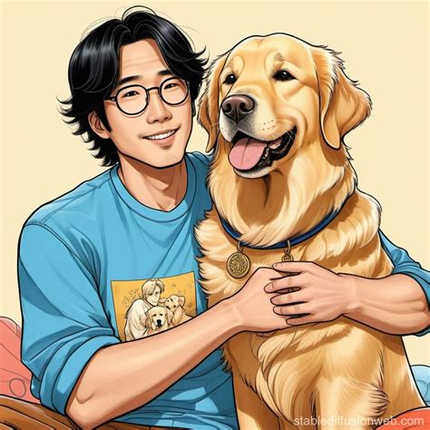 Cute Comic Golden Retriever with Japanese Man | Stable Diffusion Online