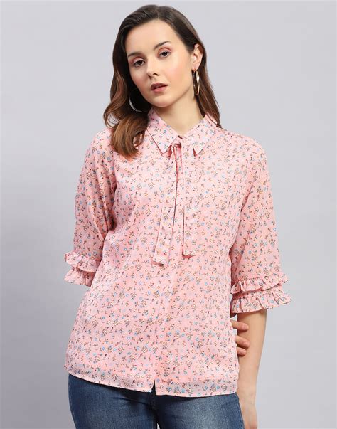 Buy Women Peach Floral Print Collar Neck 3/4 Sleeve Top Online in India ...