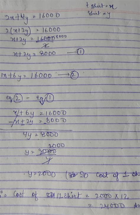 22. The cost of 2 t-shirts and 4 shirts is Rs 16000 while 1 t-shirts ...