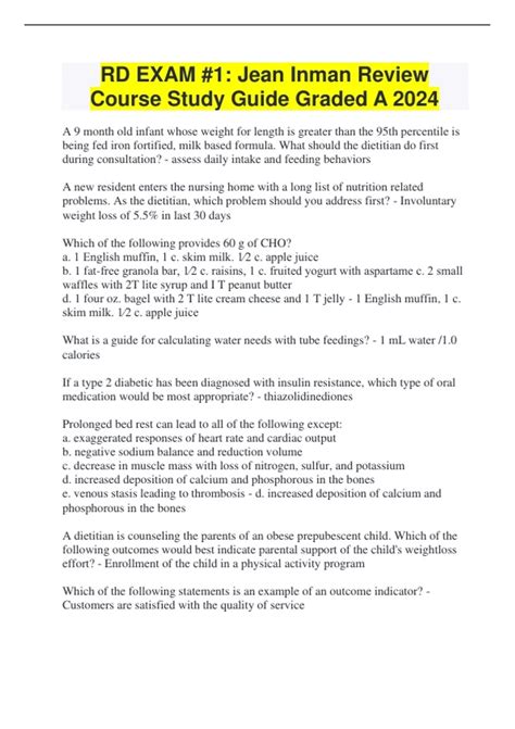 RD EXAM #1: Jean Inman Review Course Study Guide Graded A 2024 - RD ...