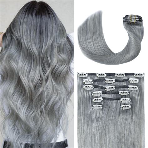 Amazon.com : UGOTRAYS Silver Grey Clip in Hair Extensions Real Human ...