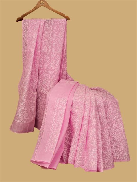 Ada Pink Cotton Lucknowi Chikankari Saree and Blouse – Ada Chikan
