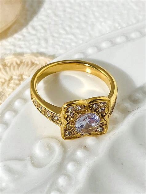 1pc Niche Simple Ins Design Golden Plated Stainless Steel Ring With Cz ...