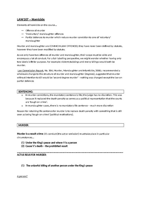 LAW 107 Homicide - LAW107 – Homicide Elements of homicide on the course... Offence of murder ...