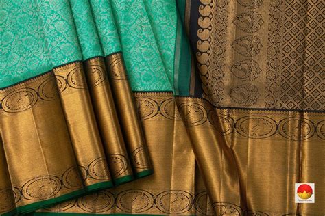 Aqua Green And Black Kanchipuram Silk Saree Handwoven Pure Silk Pure Z ...