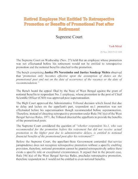 Retired Employee Not Entitled to Retrospective promotion or Benefit of ...