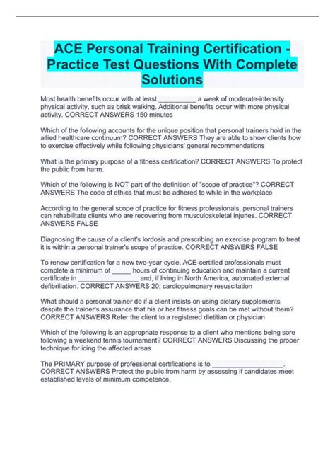 ACE Personal Training Certification - Practice Test Questions With ...