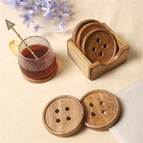 DREAMY WALLS Wooden Coasters Set of 6 with Holder | Glass & Cup ...