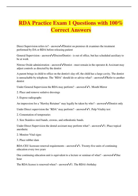 RDA Practice Exam 1 Questions with 100% Correct Answers - RDA - Stuvia US
