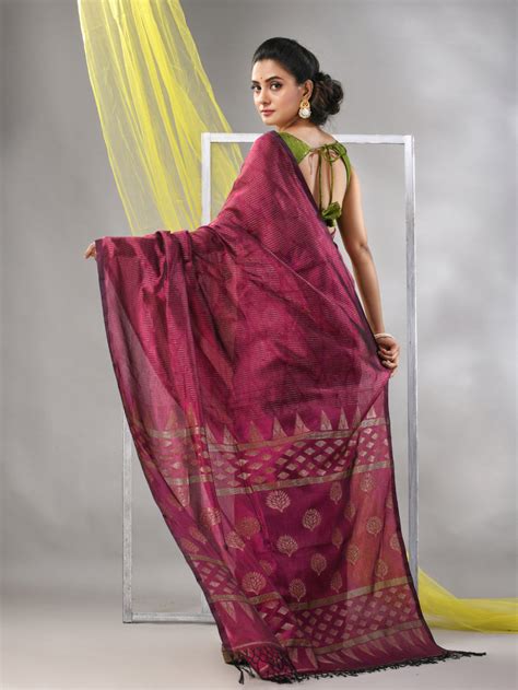 Magenta Silk Matka Soft Saree With Stripes Pattern – Charukriti
