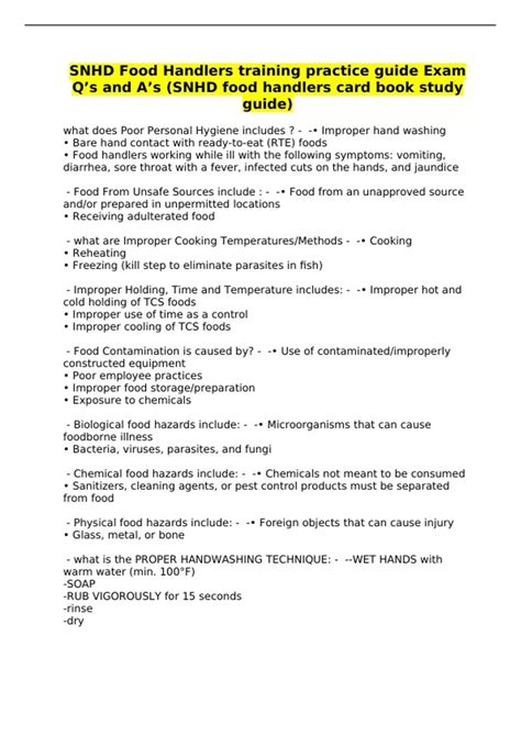 SNHD Food Handlers training practice guide Exam Q’s and A’s (SNHD food ...