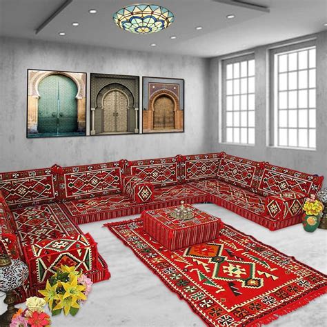 Arabic Floor Sofa U Shaped Blue Floor Cushions, Modern Arabic Majlis