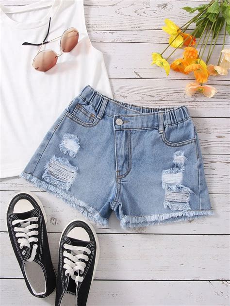 Girls Ripped Raw Cut Denim Shorts | SHEIN USA