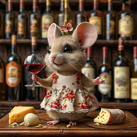 "A cheerful fluffy chubby mouse in a light short floral dress, holding ...