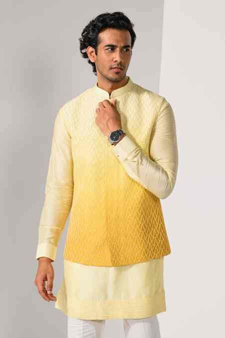 Buy Yellow Bemberg, Silk, Cotton Cascade Ombre Zardozi Nehru Jacket And ...
