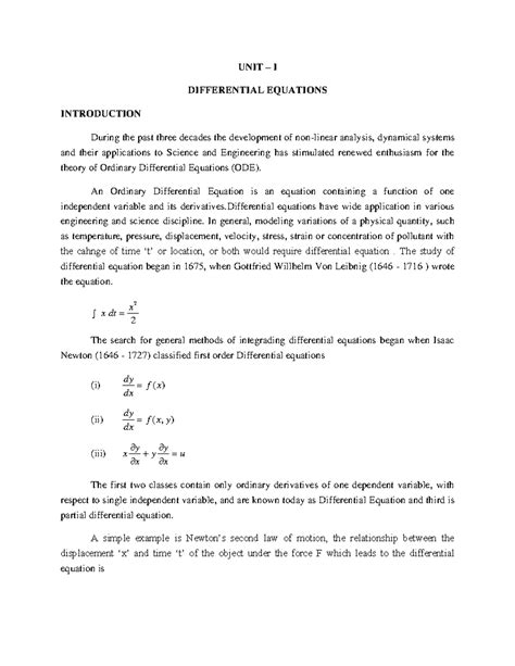 UNIT I Differential Equations: Theory & Applications Notes - Studocu
