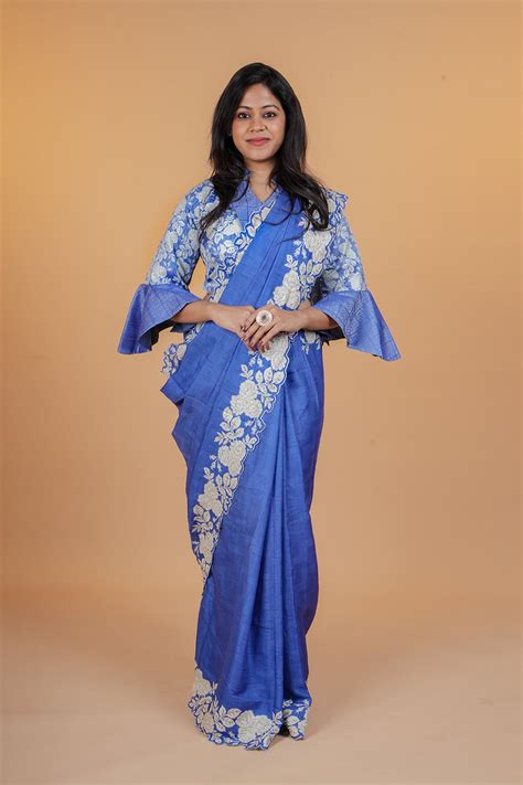 Blue Embroidered Floral Scallop Border Saree with Readymade Blouse ...