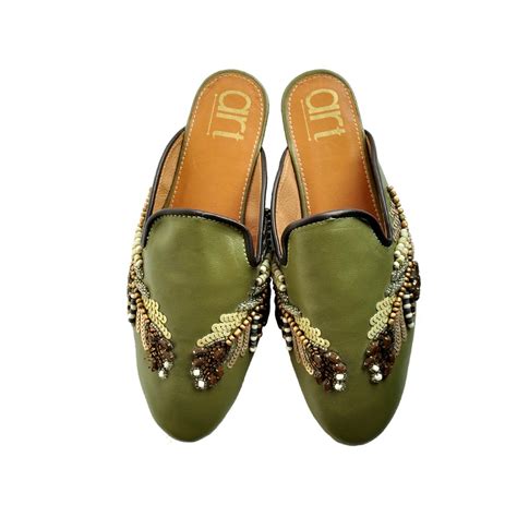 Get Bead & Sequin Embellished Olive Flat Mules at ₹ 2205 | LBB Shop