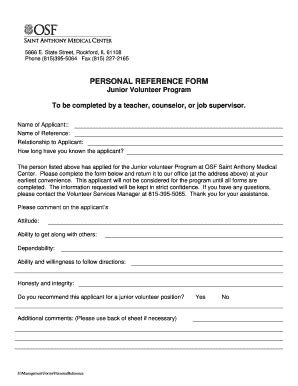 Fillable Online osfhealthcare PERSONAL REFERENCE FORM Junior Volunteer ...